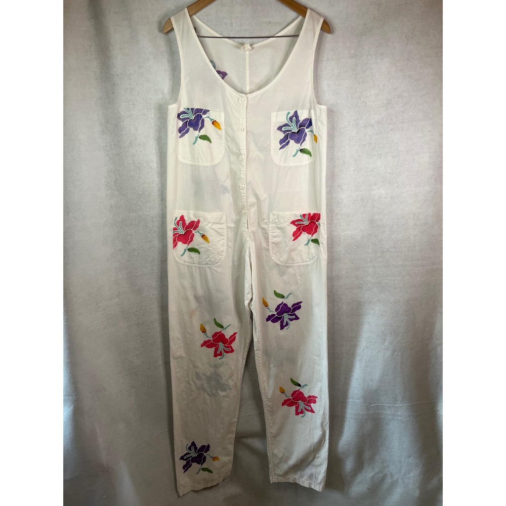 Vintage Sleeveless White Cotton Jumpsuit Button Bodice Pockets Bohemian Artisan